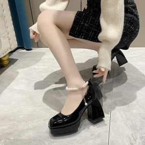 [Hoàn Tiền 15%]Giày cao gót 10p bít mũi gót vuông đế cao thời trang cao cấp sang chảnh giày cao gót lolita thắt nơ xích ngọc hot