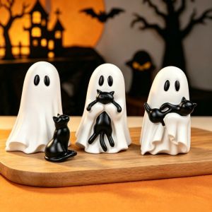 MMLUCK Đồ thủ công bằng nhựa resin Đồ trang trí mèo ma Bề nhẵn Phong cách dễ thương Trang trí bàn tiệc Halloween Tượng mèo đen Cơ sở vững chắc Tượng ma quái dị Bàn cạnh giường