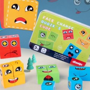 Mainan Edukasi FACE CHANGE CUBE [TANPA BELL] / Mainan Kayu Anak / Mainan Balok Susun Ekspresi Wajah