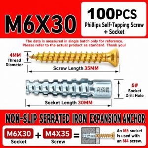 100pcs Heavy Duty Metal Expansion Anchor Socket with Screw M6 M8 Wall Plug for Concrete Brick Walls