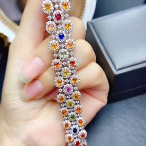 Natural Multicolor Sapphire Tennis Bracelet 3x4mm Oval Cut S925 Silver with Halo CZ Accent Luxury Rainbow Statement Bracelet