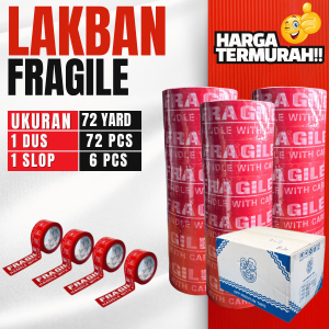 Lakban Fragile 72 Yard Selotip Anti Fragile 65 Meter Anti Pecah Isi 6pc