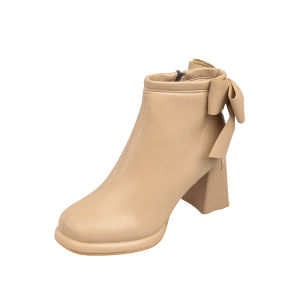 IELGY โบว์ที่เพิ่มขึ้นของผู้หญิงรองเท้าบูทหุ้มข้อส้นสูงหนาสั้นด้วยรองเท้าบูท Martin