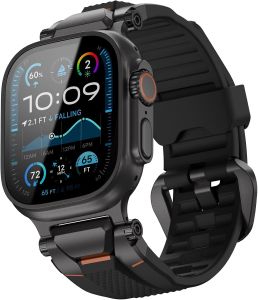 ULTIMAL Rugged Band for Watch Ultra 3/2/1 49mm Series 11/10/9/8/7/6/5/4 SE 46mm/45mm/44mm Waterproof Soft TPU Strap with Stainless Steel Buckle & Connectors Sweat-Resistant Easy to Clean Fits 155-225mm Wrist (Black/Black)