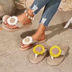 Linen Sunflower Flat Flip-Flops Versatile WomenS Plus Size Sandals For Outdoor Wear Non-Slip Casual Beach Shoes