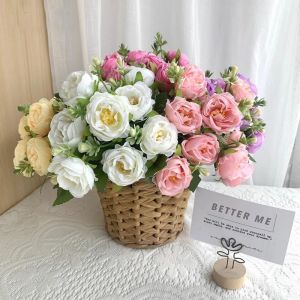 10 Heads Artificial Rose Peony Bouquet Fake Floral Decor for Wedding Party Home & Cake