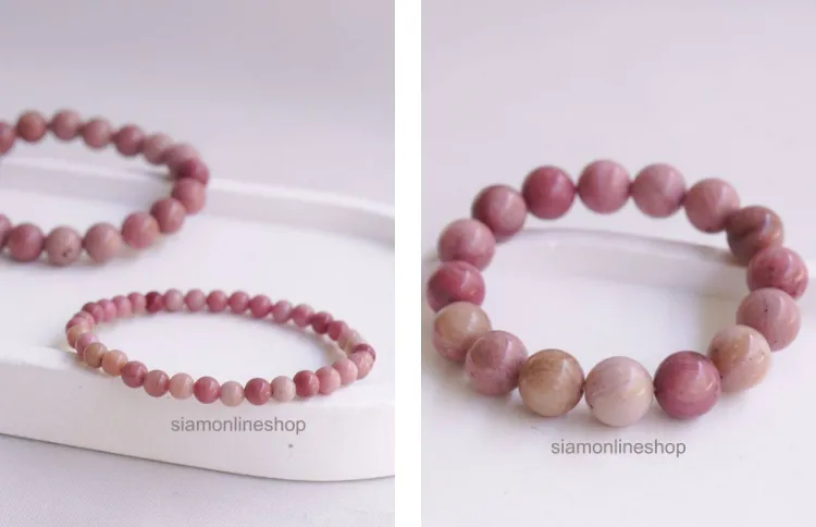 RHODONITE หินโรโดไนต์ สีชมพู เลือกขนาดเม็ดหินได้ (4-12 มม.) หินแห่งความสงบของจิตใจ สร้อยข้อมือหินแท้