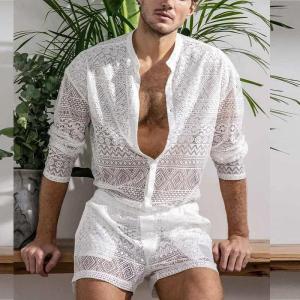 2026 Mens Summer Two Piece Suits Sets See Through Lace Outfits Beach Plain Pattern Print Long Sleeved Tops And Shorts Set Male2026
