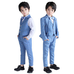 lontakids 2-14 Years Kids Boys Blue Plaid Formal Blazer Suit Long Sleeve Tuxedo Set Gentleman Children Birthday Wedding Party Suits Piano Performance Clothes