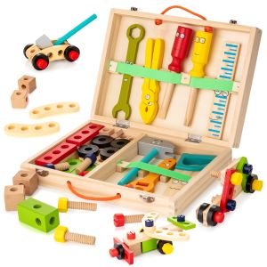 Childrens Tool Kit34 pieces Wooden Toddler Tool Set includes toolbox and stickers Montessori Educational Pole construction toys for 2 34 5 6 year old boys and girls the best birthday gift for children
