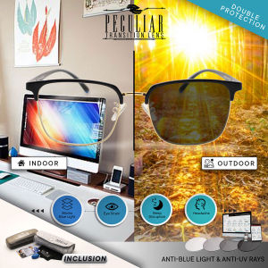 Peculiar KYLE Photochromic Plus Rectangle Frame Computer Eyewear Antiradiation Lenses UV 400 Indoor / Outdoor Eyeglasses Non Graded Lens Eyewear for Women and Men
