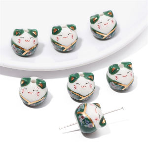 1 chiếc hạt charm mèo may mắn gốm dễ thương vẽ thủ công 15x14mm để làm đồ trang sức thủ công Vòng tay tự làm