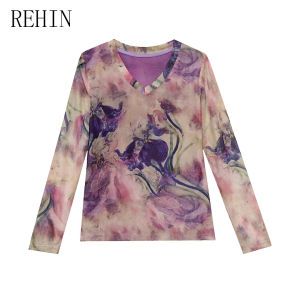 REHIN New Slim-Fit Stylish Tie-Dye Mesh Printed V-Neck Long-Sleeve T-Shirt for Women - Sweet and Elegant Goddess Style Tops