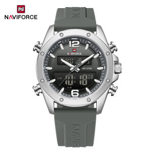 Naviforce Đồng hồ thời gian kép ban đầu cho nam giới đồng hồ kỹ thuật số LCD Đồng hồ thạch anh kim dạ quang lịch ngày dây đeo silicon chống thấm nước 30M đa chức năng của nam giới ngoài trời giản dị Đồng hồ thời trang nf9264