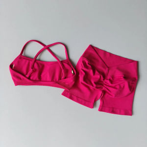 Womens 2-Piece Yoga Suit Seamless Fitness Suit Gym Clothes Sports Bra Impact Shorts Set Workout Set Gym Outfit