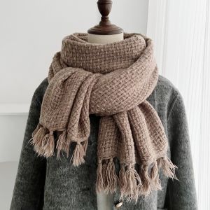 MODERNLUX Bánh waffle Khăn choàng cổ cashmere mùa đông Màu trơn có tua rua Khăn choàng Pashmina Thanh lịch Ấm áp Khăn choàng cổ bằng len. Phụ nữ