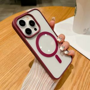 Red magnetic suction case for  X XR XS 11 12 13 14 15 Pro Max casing 14 15 7 8 Plus mini SE 11Pro 12mini 13mini 14Plus 15Plus  transparent hard case