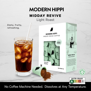 Modern Hippi Coffee Midday Revive | Light Roast | 24 Cups | Instant Freeze Dried Coffee | 100% Specialty Arabica Beans | No Preservatives | No Sugar | No Machine Needed | Coffee Made Easy
