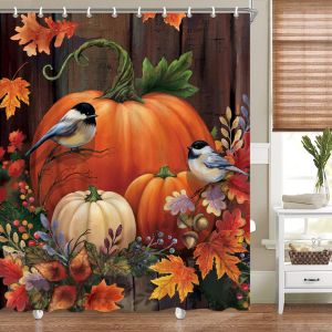Fall Thanksgiving Pumpkin Shower Curtains for Bathroom Waterproof Autumn Bird Orange Shower Curtain Set with 12 Hooks 72x72