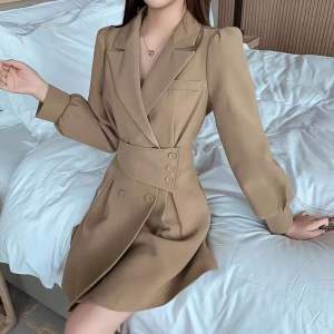 Autumn New Women Double-breasted Waist Design Suit Jacket Dress Trench Coat Fashion Business Wear