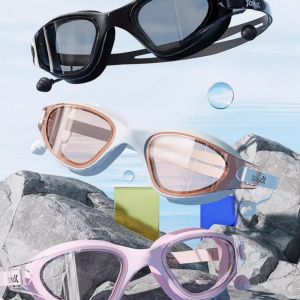 SHICA Anti-fog Adult Swimming Set Adjustable with Nose Clip Silicone Swim Cap Portable UV Protection Electroplated Flat Glasses Summer