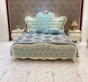 Giường ngủ tân cổ điển dát vàng da xanh ngọc nhập khẩu 8813