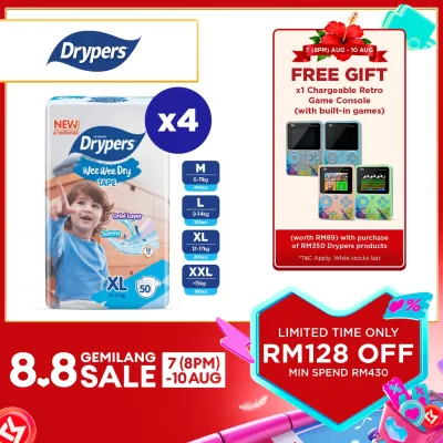 Drypers Wee Wee Dry Baby Tape Diapers M60s/ L58s/ XL50s/ XXL40s (4 packs) - Super Dry Soft & Fit