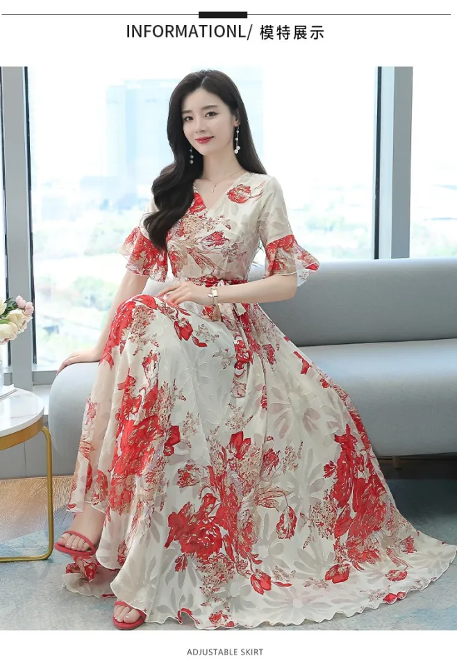 Womens Floral Short Flare Sleeve Chiffon Maxi Dresses V Neck Summer Skirts  Dress