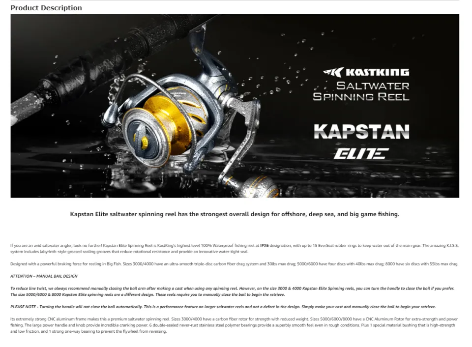 KastKing Kapstan Elite Saltwater Spinning Reel - IPX6 100% Waterproof – Up  to 55LBs Max Drag Big Game Fishing Reel - CNC Aluminum Body - Power Handle,  6+1+1 Corrosion-Resistance Bearing System