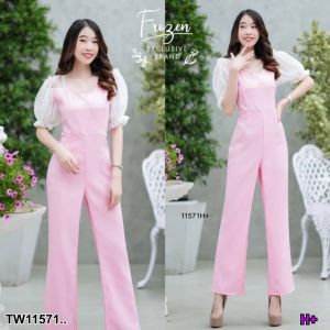 TW11571 Jumpsuit จั้มสูทแขนตาข่ายมุกขายาว