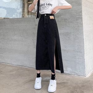 Rok Jeans A-Line Panjang dengan Split Datar Gaya Korea Highwaist untuk Wanita