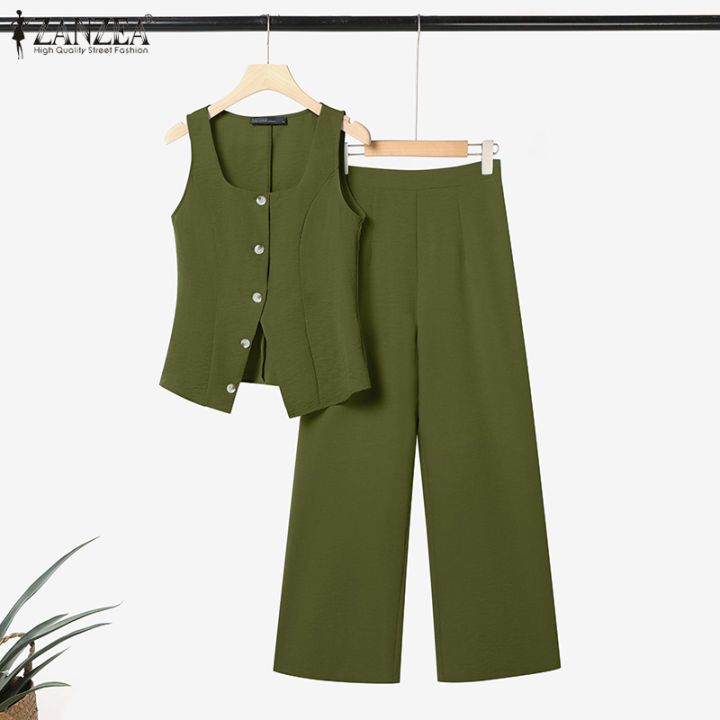 ZANZEA%20Women%20Fashion%20Square%20Neck%20Sleeveless%20Button%20Up%20Vests%20Straight%20Long%20Pants%20Plain%20Office%20Two-piece%20Outfits%20#0825%20-%20Image%205