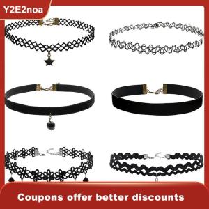 【Y2E2noa】 6PCS Women Black Velvet Choker Necklace Girl Lace Choker Tattoo Necklace Pendant