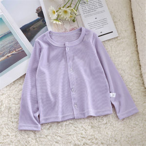 AILEBE Kids Cardigan Cute Cartoon Pattern Knitted Round Neck Long Sleeve Front Color Button Design Lightweight Summer Thin Air-Conditioned Wear Sun Protection