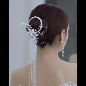 New Chinese Style Headdress Bridal Wedding Dress Hair Styling Pearl Tassel Hair Ring Hairpin Ear Clip Cheongsam Ornament Simple