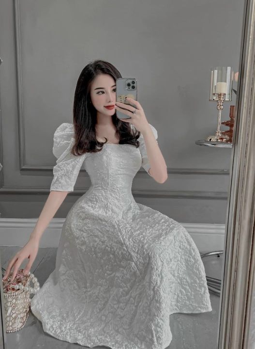 Đầm Nữ Cúc Ngọc Vải Gấm Xốp Hở Lưng 🦋 Váy Nữ Dáng Xòe Cộc Tay Khuy Cài 2  Màu 🦋 | Shopee Việt Nam