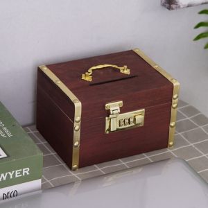 GOFIDIN Vintage Style Treasure Storage Box Money Jar Safe Box Wooden Treasure Chest Box Durable with Combination Lock Piggy Bank Organizer