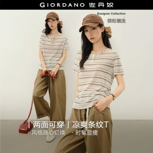 GIORDANO Women T-Shirts Two-Way Wear Striped Knit Tee Tie Neck Short Sleeve Fashionable Casual T-Shirts 18326819