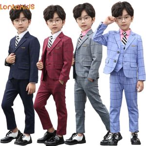 lontakids 5PCs Kids Baby Boys Suit Dresswear Plaid Blazer Pants Vest Shirt Tie Formal Attire Tuxedo Wedding Birthday Party Gentleman Clothing Set