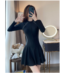 [Size MLXL] Bikini liền mảnh khóa kéo ngắn tay dài tay váy xòe kín đáo chạy sọc thân trắng VATIXA BKN126