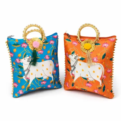 Ethnic Printed Potli Bag with Golden Ring Handle | Stylish Festive Clutch for Weddings & Parties (Pack of 1)