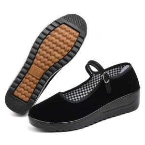 [Free Shipping] Mom Shoes Canvas Shoes WomenS Height-Increasing Work Shoes Square Dance Shoes Platform Sole Breathable And Durable Black WomenS Shoes