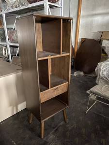 Cabinet Solid Wood Malaysian Mid-century modern wooden shelving unit with open compartments and a drawer