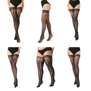 Thigh High Sheer Stockings with Silicone Lace Top for Women Vertical Striped Patterned Fishnet Over Knee Long Socks