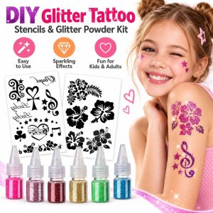 NOBLELYN Sprinkle Glitter Glitter Tattoo Stencils Y2K Style Glitter Powder Fake Tattoo Decals Realistic DIY Temporary Tattoo Stickers Body Glitter Tattoo Kit