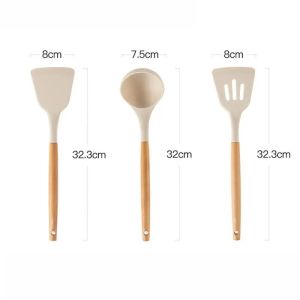 silicone kitchenware set with short wooden handle non stick pot spoon spatula food clip scraper oil brush creamy white