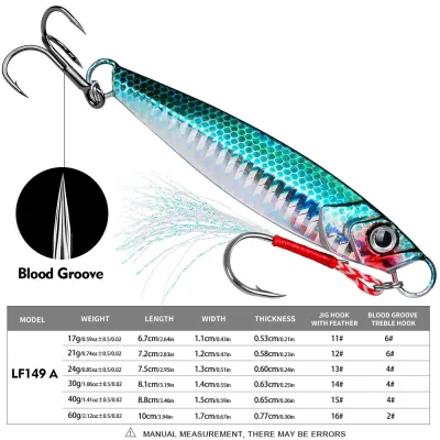 PROBEROS Long Cast Jigs 17g 21g 24g 30g 40g 60g Artificial Metal Jig Spoon Fishing Lure with Sharp Hooks Saltwater Fast Sinking Jigging Bait Tenggiri Jig Boat Fishing Tackle
