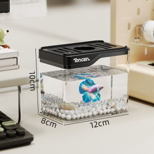 Rubvrenti Mini fish tank transparent LED light desktop aquarium hias rumah tangga office decor small ikan