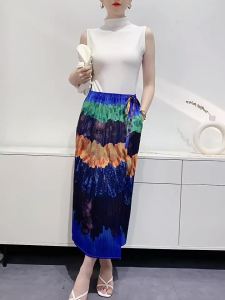 B- 830# One Size (45-75kg) Pleated Print Skirt WomenS Strap Summer A- Line High Waist Slimming
