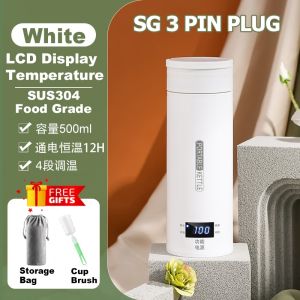 [SG Stock] Portable Electric Kettle Heating Water Cup Water Boiler Boiling Portable Travel Kettle Bottle 304 Stainless Steel Thermal Cup With Lid Kettle LCD Display Temperature Adjust Coffee Cup SG Plug 500ml Electric Hot Water Cup 电热水壶水杯